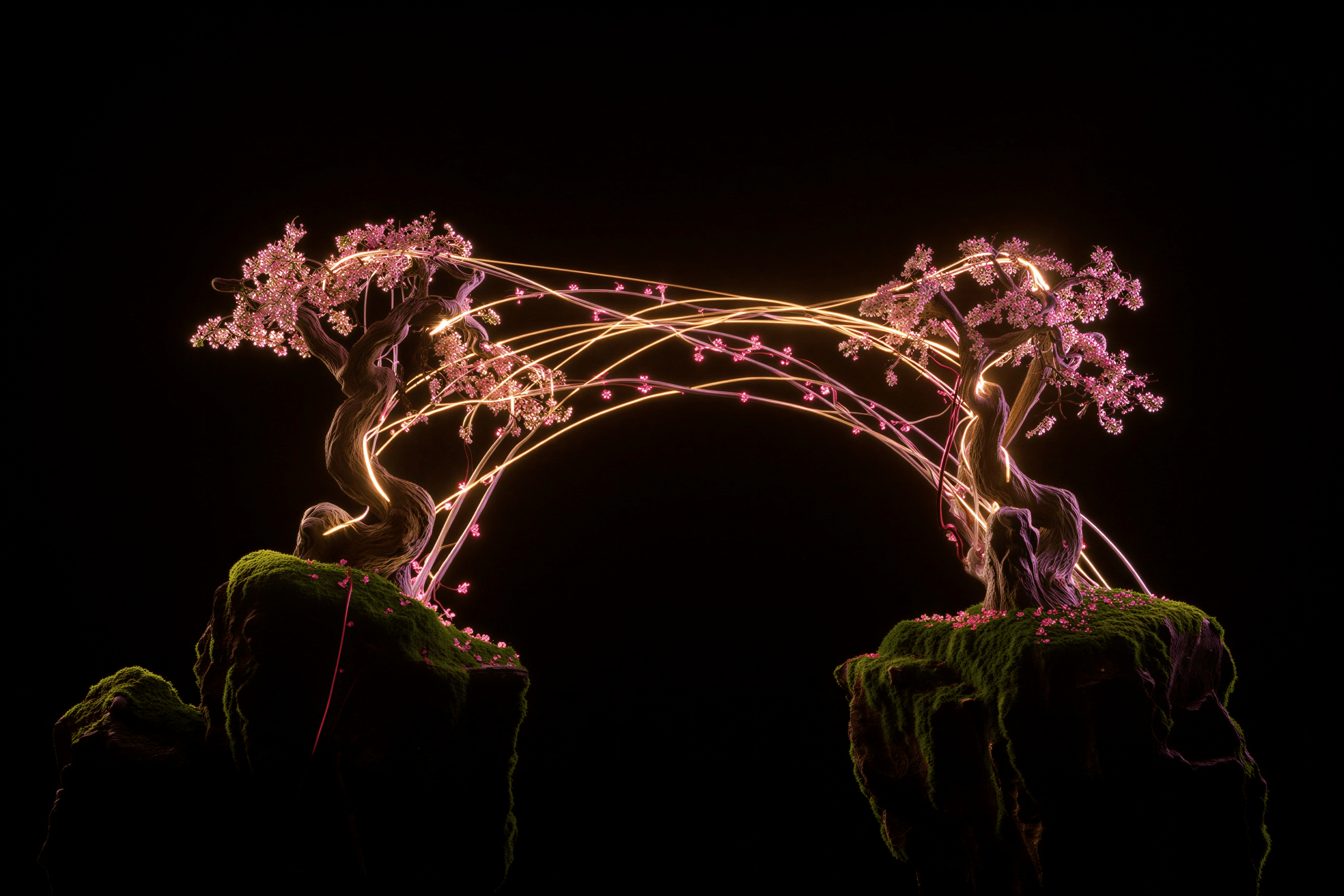 Dos arboles conectados por arcos brillantes